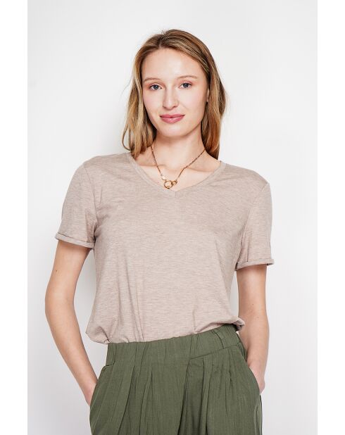 Michèle beigefarbenes T-Shirt mit V-Ausschnitt aus Leinenmischung