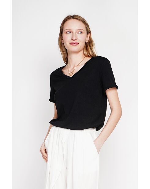 Michèle schwarzes T-Shirt mit V-Ausschnitt aus Leinenmischung