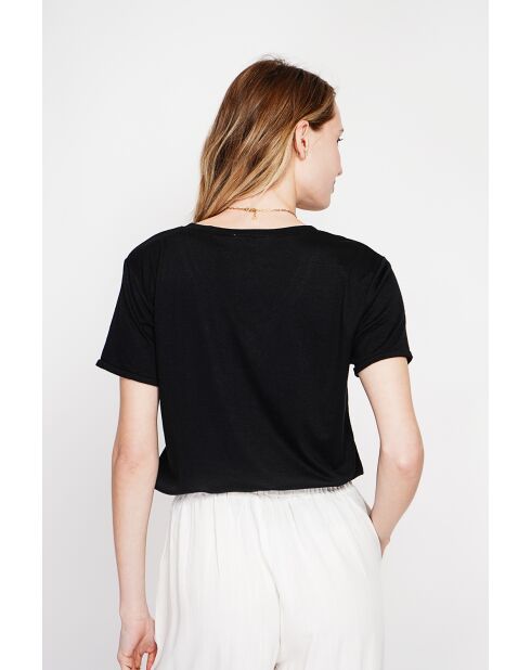 Michèle schwarzes T-Shirt mit V-Ausschnitt aus Leinenmischung
