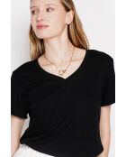 Michèle schwarzes T-Shirt mit V-Ausschnitt aus Leinenmischung