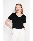 Michèle schwarzes T-Shirt mit V-Ausschnitt aus Leinenmischung