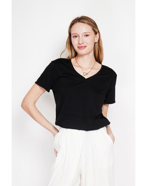 Michèle schwarzes T-Shirt mit V-Ausschnitt aus Leinenmischung