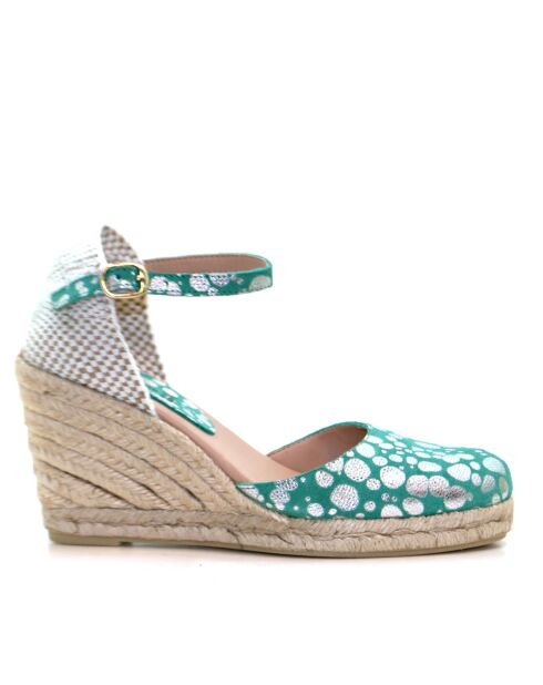 Nuria grüne gepunktete Sandalen aus Veloursleder