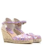 Sandalen Nuria mit Absatz aus fuchsiafarbenem, gepunktetem Veloursleder