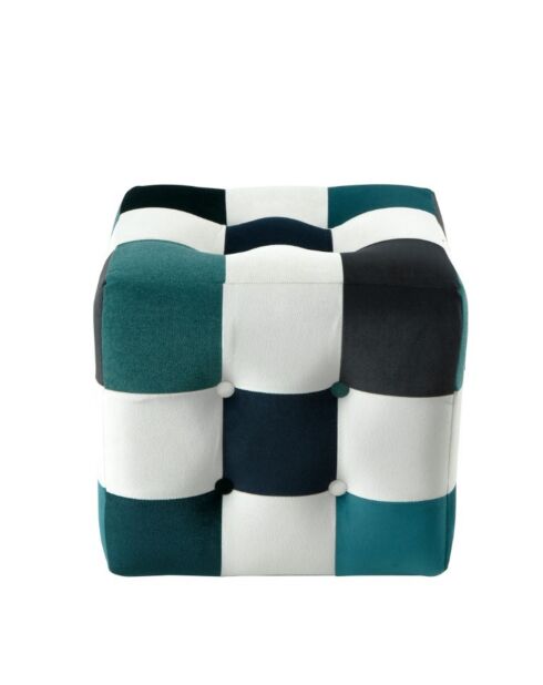 Witte patchwork poef, donkerblauw/turkoois - 42x42x42 cm