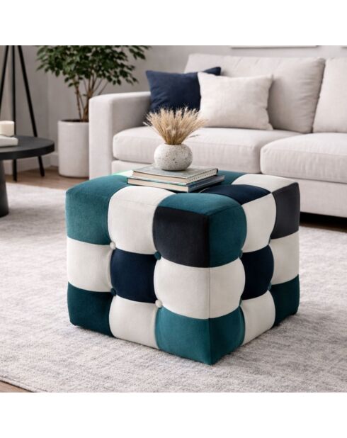 Witte patchwork poef, donkerblauw/turkoois - 42x42x42 cm