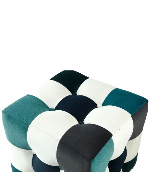 Witte patchwork poef, donkerblauw/turkoois - 42x42x42 cm