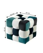 Witte patchwork poef, donkerblauw/turkoois - 42x42x42 cm