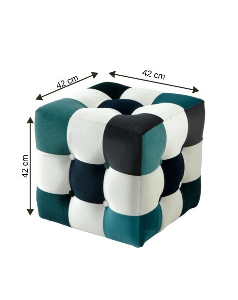 Witte patchwork poef, donkerblauw/turkoois - 42x42x42 cm