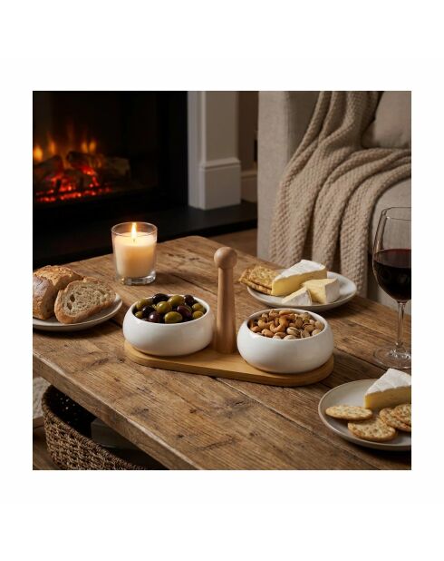 Set aus 2 keramischen Vorspeisenbechern mit Bambusschale