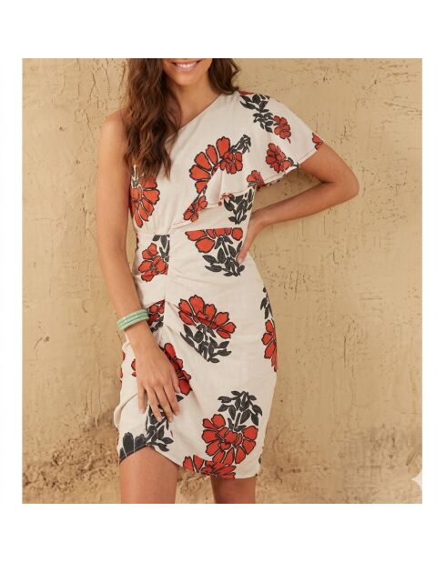 Galiene-Kleid mit indischem Blumendruck in einer Kombination aus rotem Ton in Maravoile-Rot