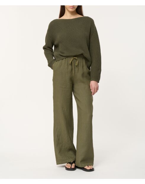 Jiroshi khakifarbene Leinenhose mit weitem Beinschnitt