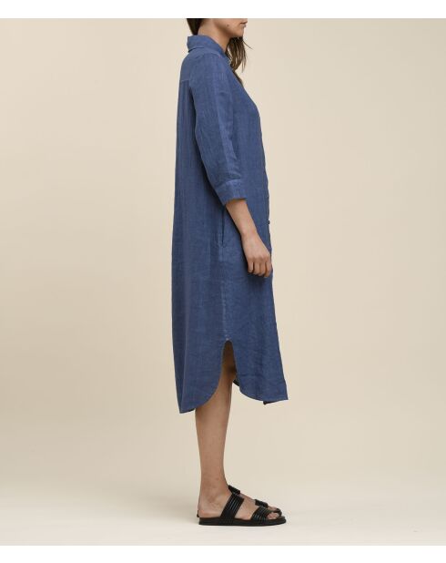 Stormblauwe uitlopende overhemdjurk van zacht linnen van Talicia