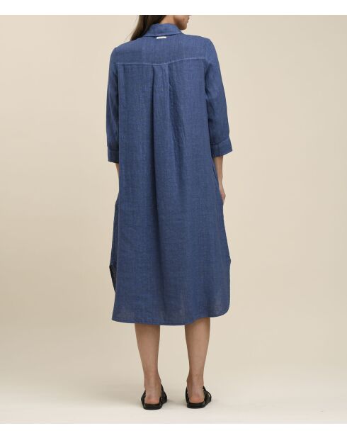 Stormblauwe uitlopende overhemdjurk van zacht linnen van Talicia