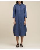 Stormblauwe uitlopende overhemdjurk van zacht linnen van Talicia