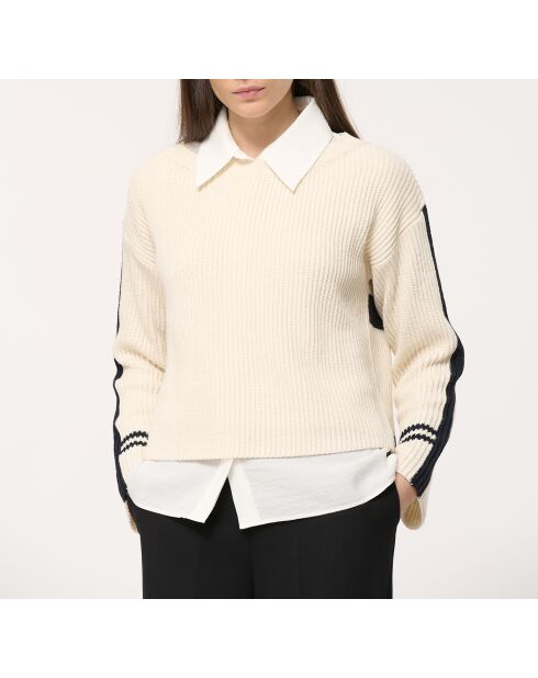 Japanischer gerader Pullover mit platzierten Streifen, ecru/marineblau