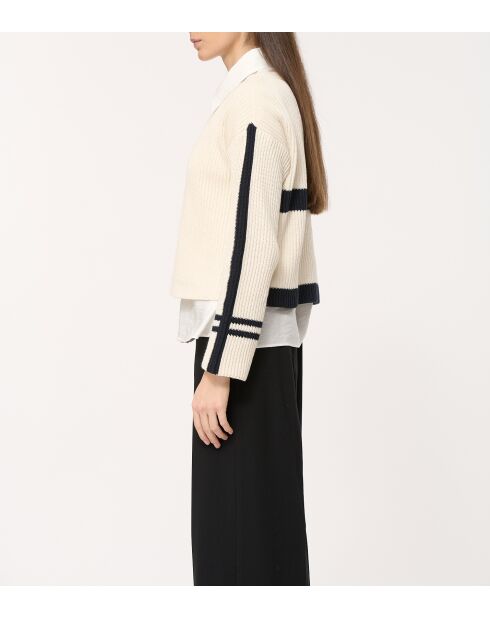 Japanischer gerader Pullover mit platzierten Streifen, ecru/marineblau