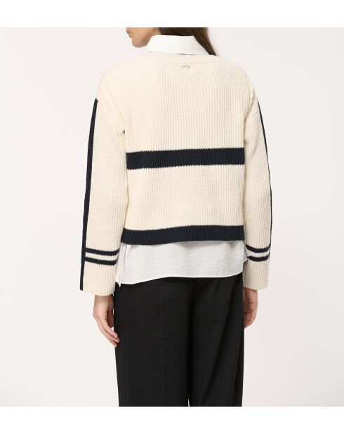 Japanischer gerader Pullover mit platzierten Streifen, ecru/marineblau