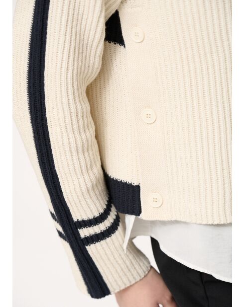 Japanischer gerader Pullover mit platzierten Streifen, ecru/marineblau