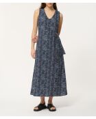 Jopongu marineblaues, tailliertes langes Baumwollkleid in Neo-Plaid
