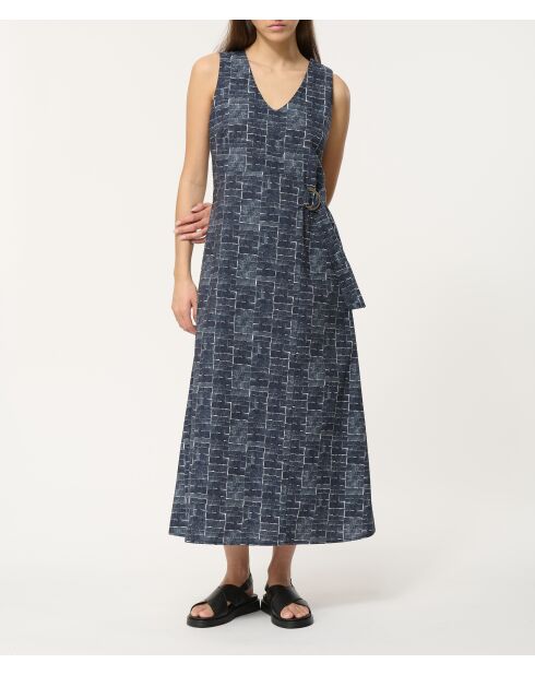 Jopongu marineblaues, tailliertes langes Baumwollkleid in Neo-Plaid