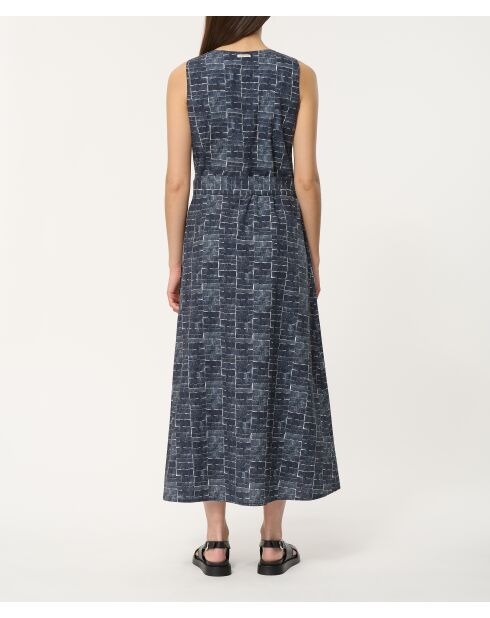 Jopongu marineblaues, tailliertes langes Baumwollkleid in Neo-Plaid