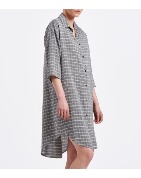 Mittellanges Kleid aus grauem Baumwollgaze-Hemd mit karierter Babette