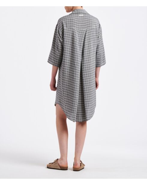 Mittellanges Kleid aus grauem Baumwollgaze-Hemd mit karierter Babette