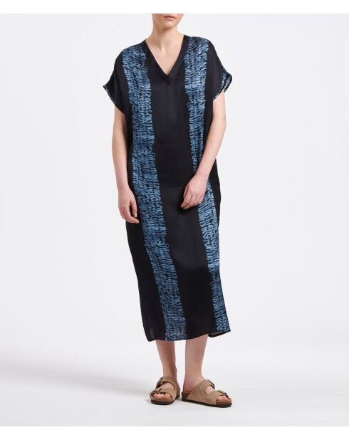 Tabea marineblauwe gestreepte lange jurk met stropdas en kleurstof en overtrek