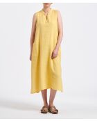 Bonita gelbes, mittellanges, ärmelloses, ausgestelltes Leinenkleid