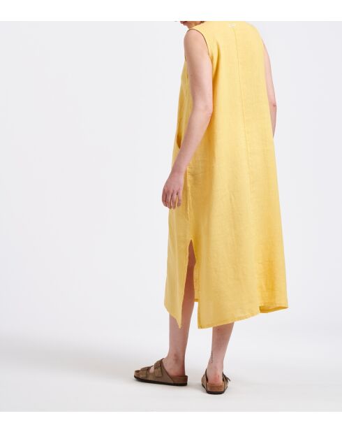 Bonita gelbes, mittellanges, ärmelloses, ausgestelltes Leinenkleid