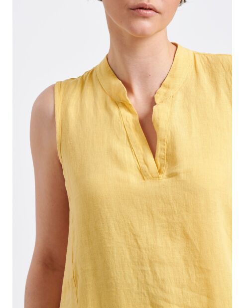 Bonita gelbes, mittellanges, ärmelloses, ausgestelltes Leinenkleid