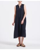 Bonita marineblaues, ärmelloses, mittellanges Leinenkleid mit ausgestelltem Ausschnitt