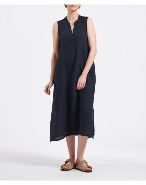 Bonita marineblaues, ärmelloses, mittellanges Leinenkleid mit ausgestelltem Ausschnitt