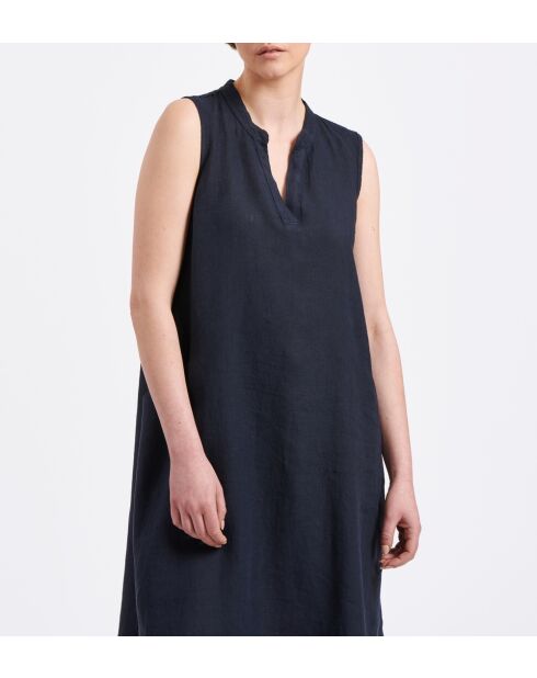 Bonita marineblaues, ärmelloses, mittellanges Leinenkleid mit ausgestelltem Ausschnitt