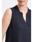 Bonita marineblaues, ärmelloses, mittellanges Leinenkleid mit ausgestelltem Ausschnitt