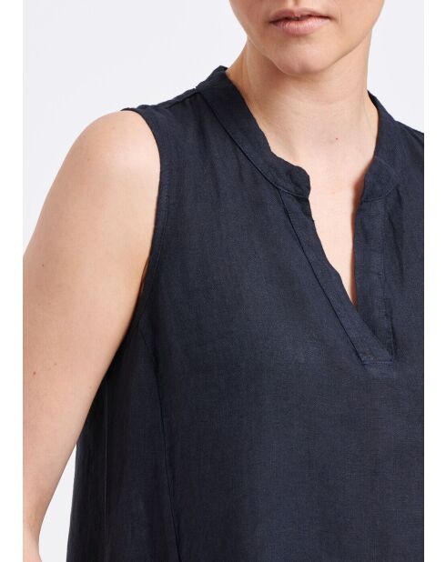 Bonita marineblaues, ärmelloses, mittellanges Leinenkleid mit ausgestelltem Ausschnitt