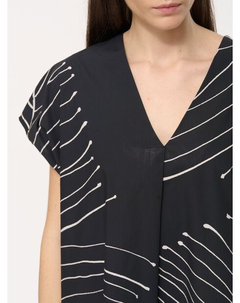 Ecru Bunta gerades Kleid aus bedruckter Baumwollpopeline