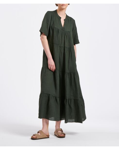 Khakifarbenes mehrlagiges Maxikleid Birmani aus Leinen