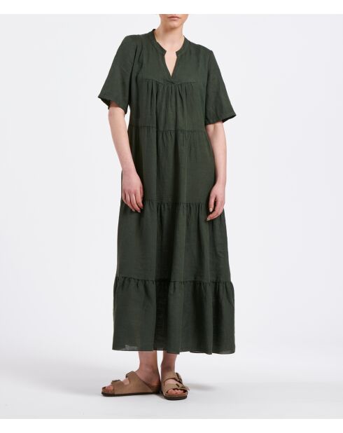 Khakifarbenes mehrlagiges Maxikleid Birmani aus Leinen