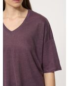 T-shirt van linnen met open pasvorm in berlijns pruim en gevlamd linnen