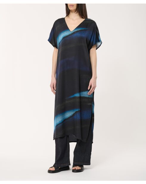 Marineblauwe rechte jurk met stropdas en kleurstof van Babeam