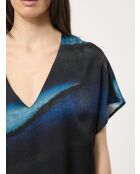 Marineblauwe rechte jurk met stropdas en kleurstof van Babeam