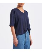 Locker geschnittenes T-Shirt aus geflammtem Leinen in Berlin-Indigoblau