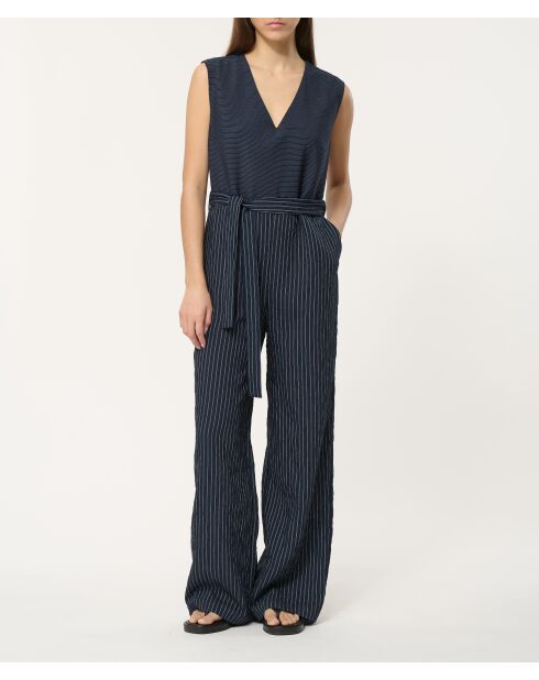 Lange en wijde jumpsuit in marineblauwe Tamaro modale ministreep