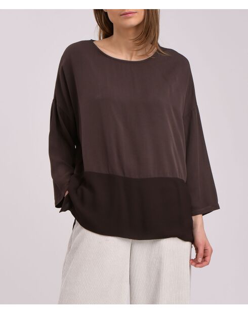 Top dritto in bimateriale con lana di anacardi color cioccolato
