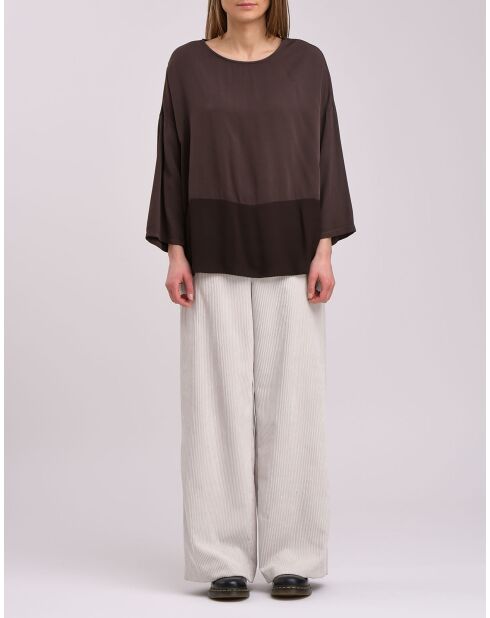 Top dritto in bimateriale con lana di anacardi color cioccolato