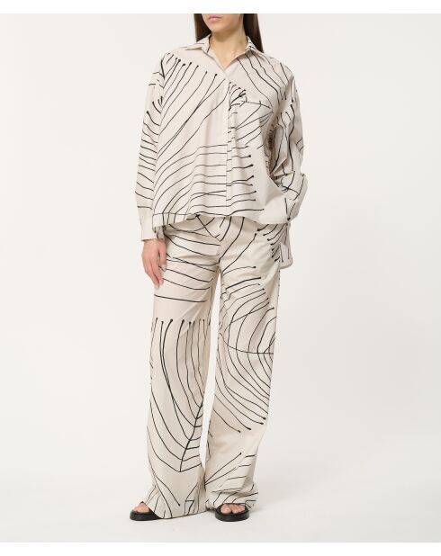 Übergroßes, ecrufarbenes Baumwollhemd mit Basma-Gemüseprint