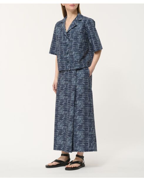 Marineblauw Bao kort hemd van katoen met neo-ruitjes