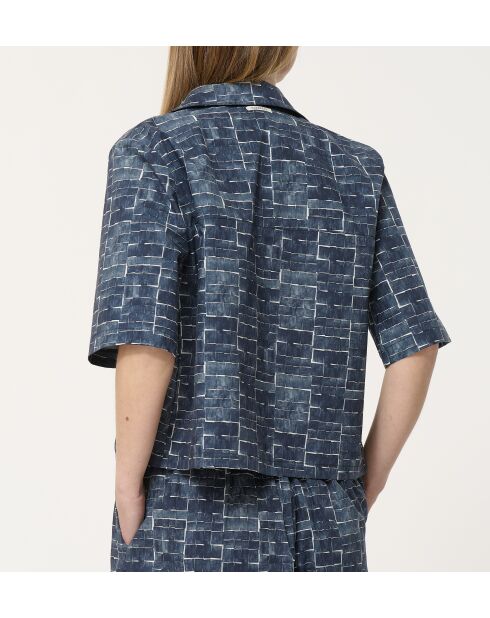 Marineblauw Bao kort hemd van katoen met neo-ruitjes